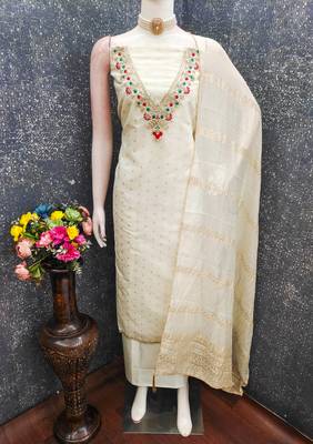 white unstitched weaving embroidered neck with woven embellished dupatta dress material 4