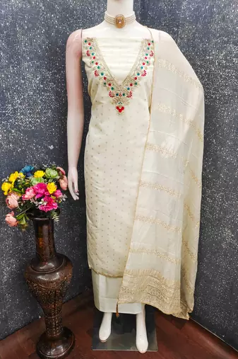 white unstitched weaving embroidered neck with woven embellished dupatta dress material