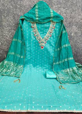 sea green unstitched weaving embroidered neck with woven embellished dupatta dress material 2