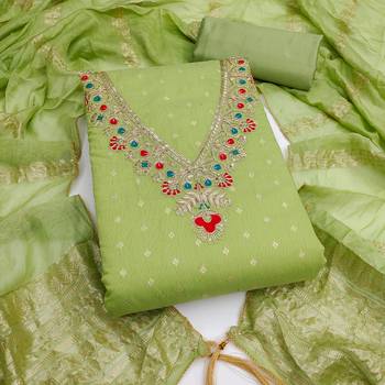 light green unstitched weaving embroidered neck with woven embellished dupatta dress material 1