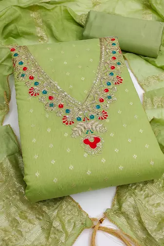 light green unstitched weaving embroidered neck with woven embellished dupatta dress material