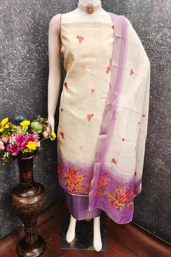 multi unstitched digital print with printed dupatta shimmer dress material