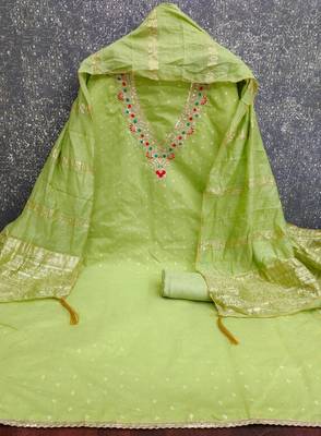 light green unstitched weaving embroidered neck with woven embellished dupatta dress material 2