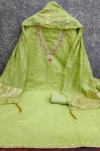 light green unstitched weaving embroidered neck with woven embellished dupatta dress material