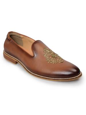 men's brown leather slip-on loafers with gold zardozi embroidery, formal shoes for weeding party occasion 1