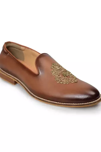 men's brown leather slip-on loafers with gold zardozi embroidery, formal shoes for weeding party occasion