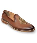 men's brown leather slip-on loafers with gold zardozi embroidery, formal shoes for weeding party occasion