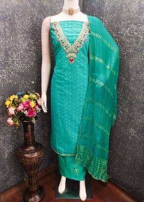 sea green unstitched weaving embroidered neck with woven embellished dupatta dress material 4