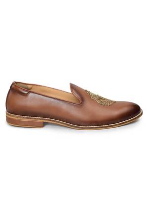 men's brown leather slip-on loafers with gold zardozi embroidery, formal shoes for weeding party occasion 2