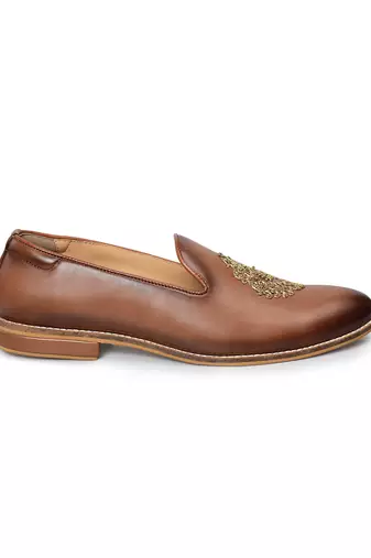 men's brown leather slip-on loafers with gold zardozi embroidery, formal shoes for weeding party occasion