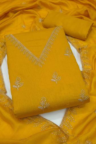 yellow unstitched thread embroidery with embroidered dupatta vichitra silk blend dress material