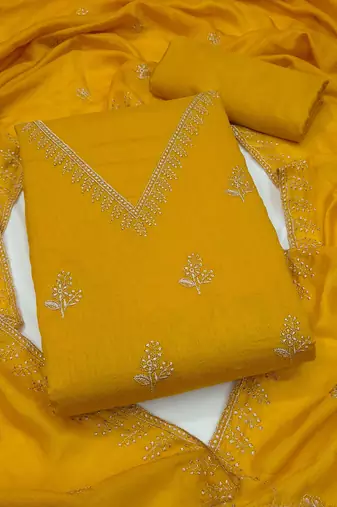 yellow unstitched thread embroidery with embroidered dupatta vichitra silk blend dress material