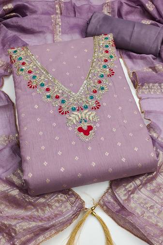 lavender unstitched weaving embroidered neck with woven embellished dupatta dress material