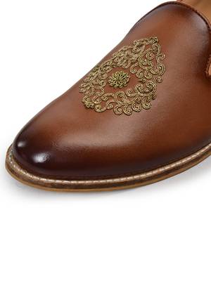 men's brown leather slip-on loafers with gold zardozi embroidery, formal shoes for weeding party occasion 3