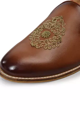 men's brown leather slip-on loafers with gold zardozi embroidery, formal shoes for weeding party occasion