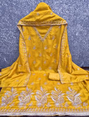 yellow unstitched thread embroidery with embroidered dupatta vichitra silk blend dress material 2