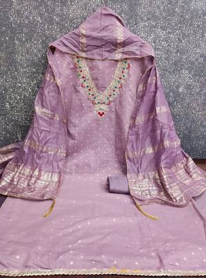 lavender unstitched weaving embroidered neck with woven embellished dupatta dress material 2