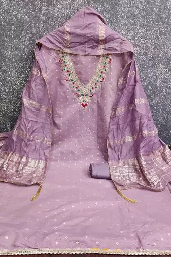 lavender unstitched weaving embroidered neck with woven embellished dupatta dress material