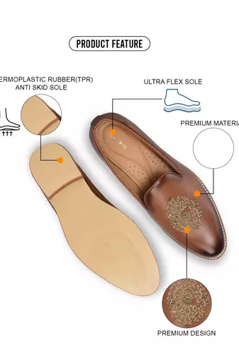 men's brown leather slip-on loafers with gold zardozi embroidery, formal shoes for weeding party occasion