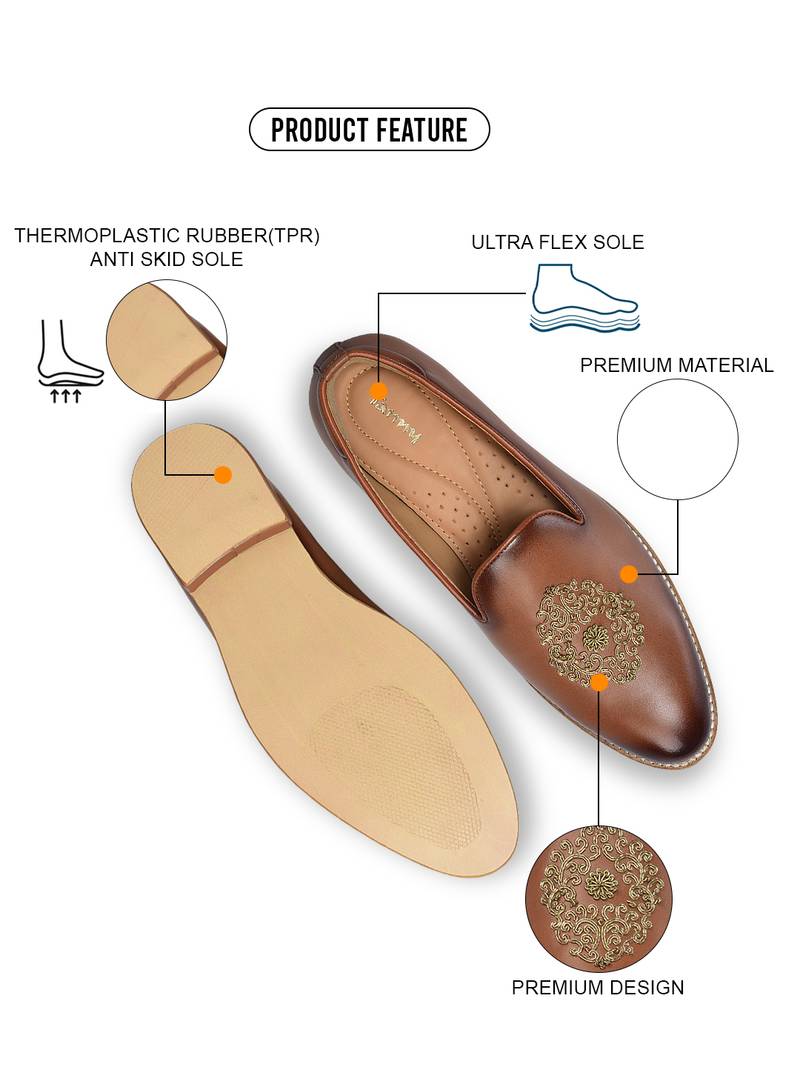 men's brown leather slip-on loafers with gold zardozi embroidery, formal shoes for weeding party occasion