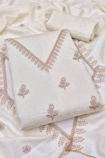 white unstitched thread embroidery with embroidered dupatta vichitra silk blend dress material