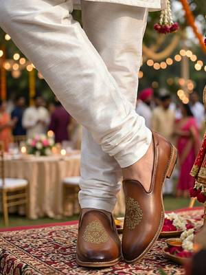 men's brown leather slip-on loafers with gold zardozi embroidery, formal shoes for weeding party occasion 5