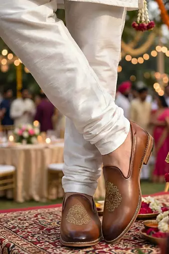 men's brown leather slip-on loafers with gold zardozi embroidery, formal shoes for weeding party occasion