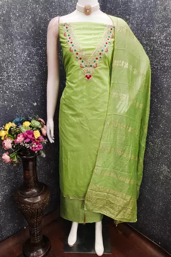 light green unstitched weaving embroidered neck with woven embellished dupatta dress material