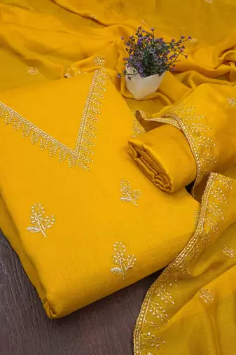 yellow unstitched thread embroidery with embroidered dupatta vichitra silk blend dress material