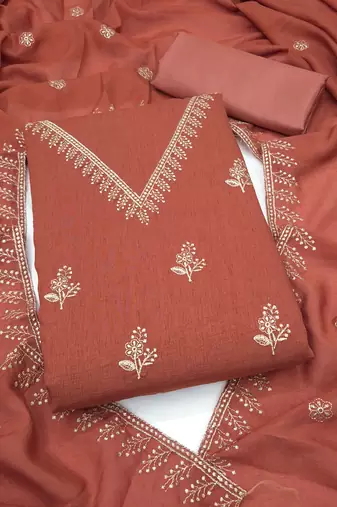 peach unstitched thread embroidery with embroidered dupatta vichitra silk blend dress material