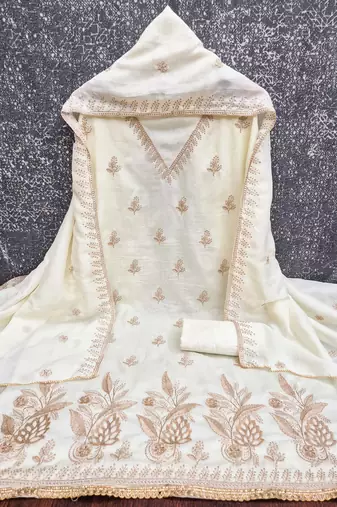 white unstitched thread embroidery with embroidered dupatta vichitra silk blend dress material