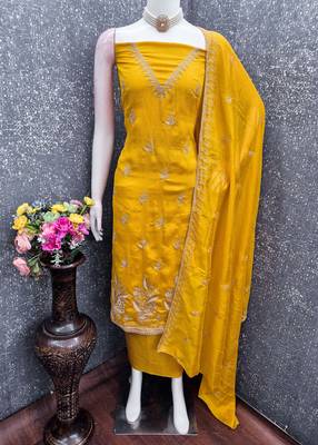 yellow unstitched thread embroidery with embroidered dupatta vichitra silk blend dress material 4