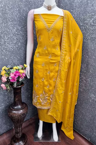 yellow unstitched thread embroidery with embroidered dupatta vichitra silk blend dress material