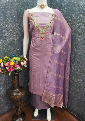 lavender unstitched weaving embroidered neck with woven embellished dupatta dress material 4