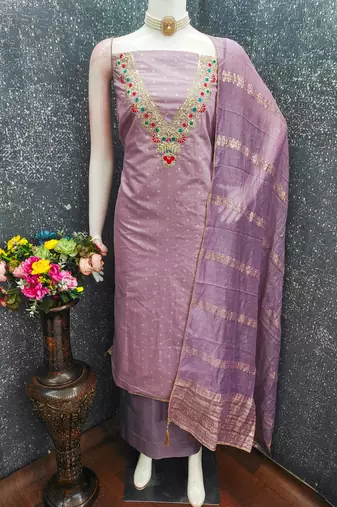 lavender unstitched weaving embroidered neck with woven embellished dupatta dress material