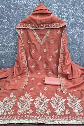 peach unstitched thread embroidery with embroidered dupatta vichitra silk blend dress material