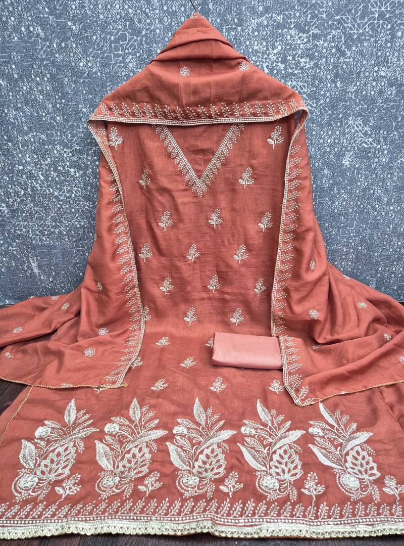 peach unstitched thread embroidery with embroidered dupatta vichitra silk blend dress material