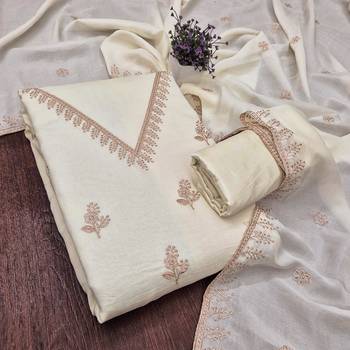 white unstitched thread embroidery with embroidered dupatta vichitra silk blend dress material 3