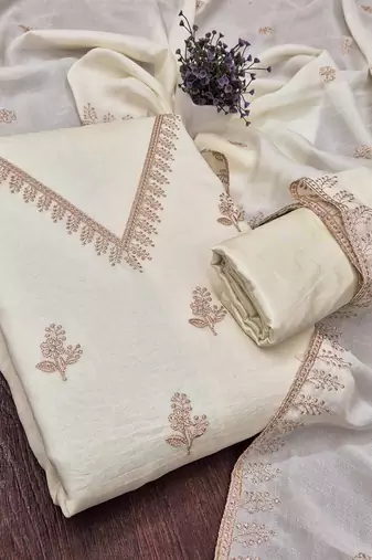 white unstitched thread embroidery with embroidered dupatta vichitra silk blend dress material