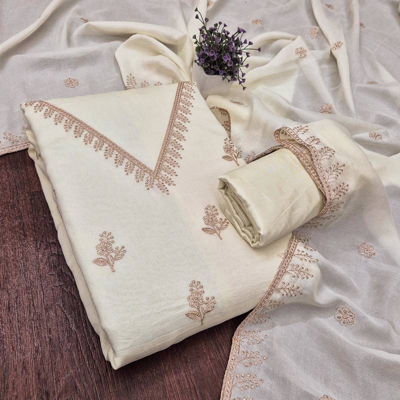 white unstitched thread embroidery with embroidered dupatta vichitra silk blend dress material