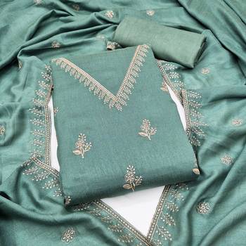 sea green unstitched thread embroidery with embroidered dupatta vichitra silk blend dress material 1
