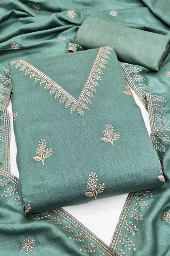 sea green unstitched thread embroidery with embroidered dupatta vichitra silk blend dress material