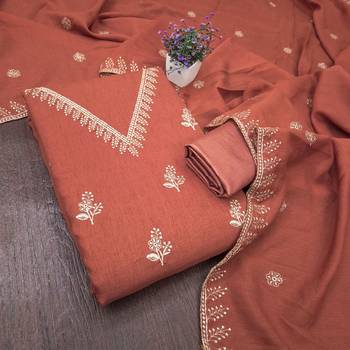 peach unstitched thread embroidery with embroidered dupatta vichitra silk blend dress material 3