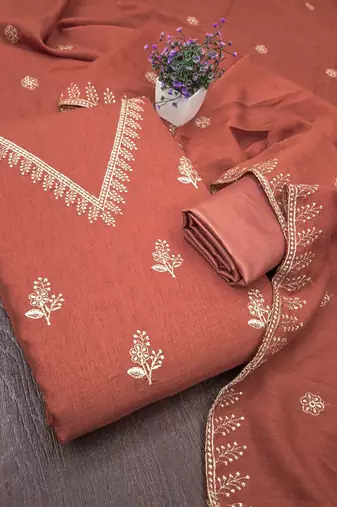 peach unstitched thread embroidery with embroidered dupatta vichitra silk blend dress material