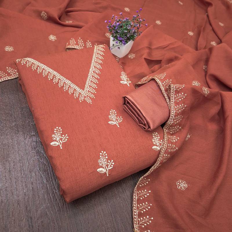 peach unstitched thread embroidery with embroidered dupatta vichitra silk blend dress material