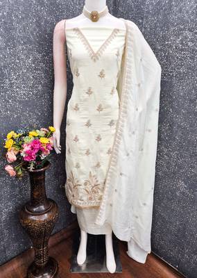 white unstitched thread embroidery with embroidered dupatta vichitra silk blend dress material 4