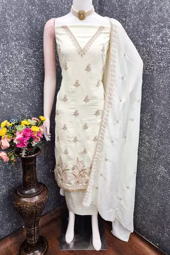 white unstitched thread embroidery with embroidered dupatta vichitra silk blend dress material