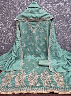 sea green unstitched thread embroidery with embroidered dupatta vichitra silk blend dress material 2
