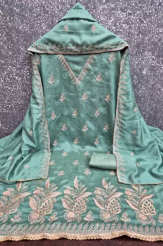 sea green unstitched thread embroidery with embroidered dupatta vichitra silk blend dress material