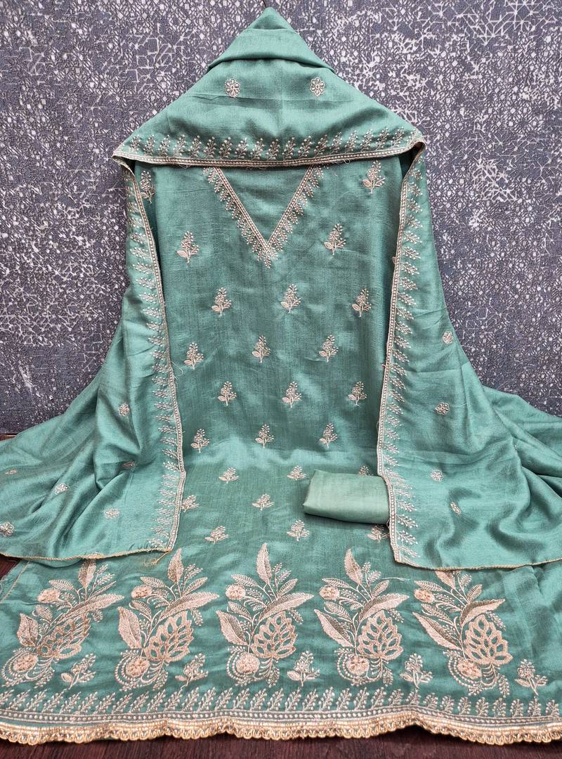 sea green unstitched thread embroidery with embroidered dupatta vichitra silk blend dress material